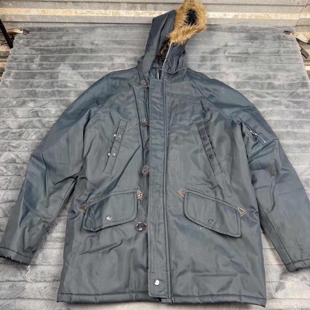 Vintage Montgomery Ward Parka Jacket Navy Blue Faux Fur Hood Orange Lining M T